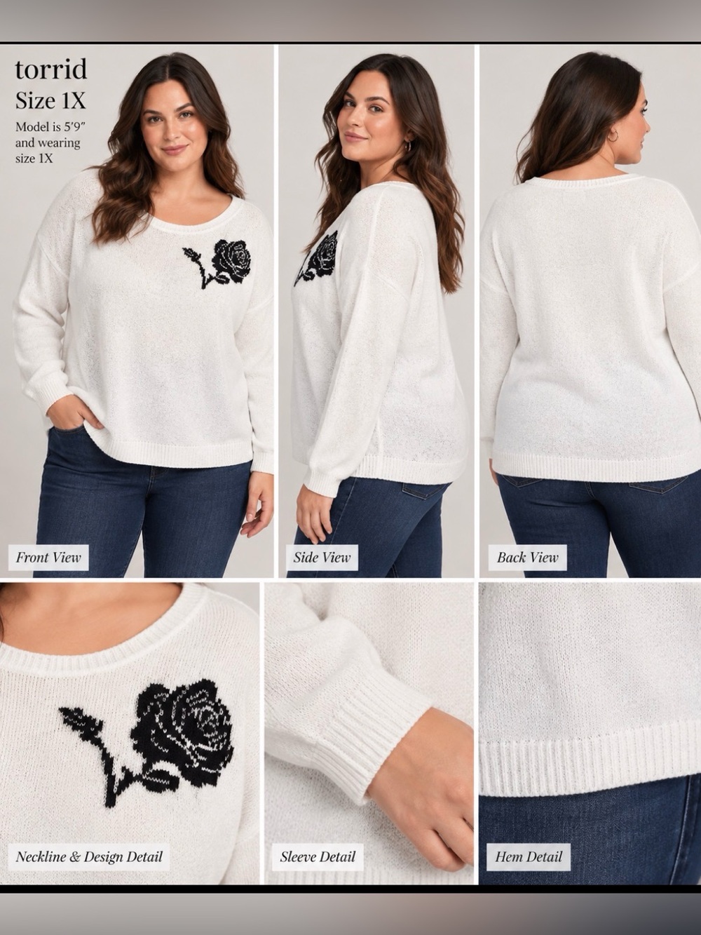 Torrid white Sweater with Black Floral Design